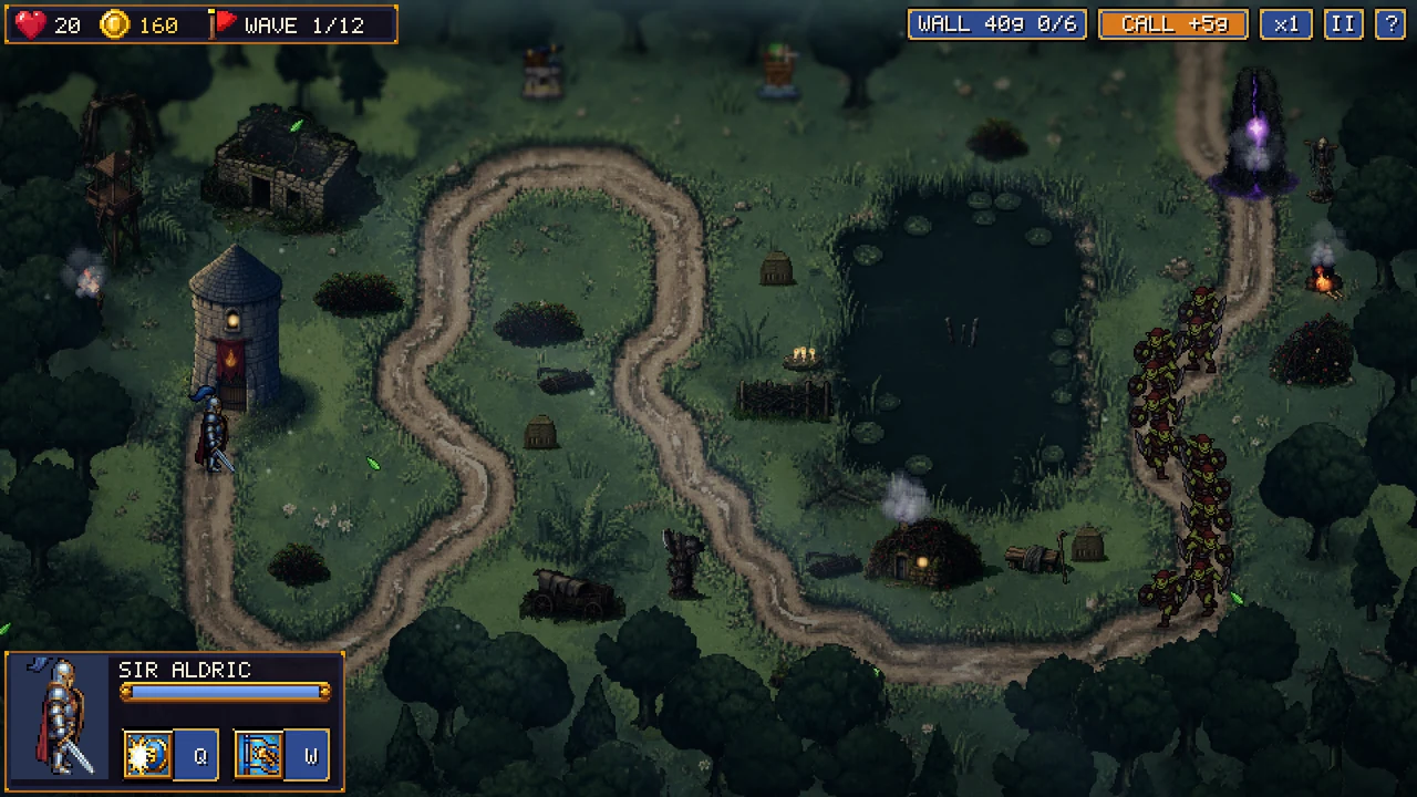 Emberfall Defenders, Briar Switchback: a road doubles back through a dark thorn forest past a black pond, with goblins on the march.