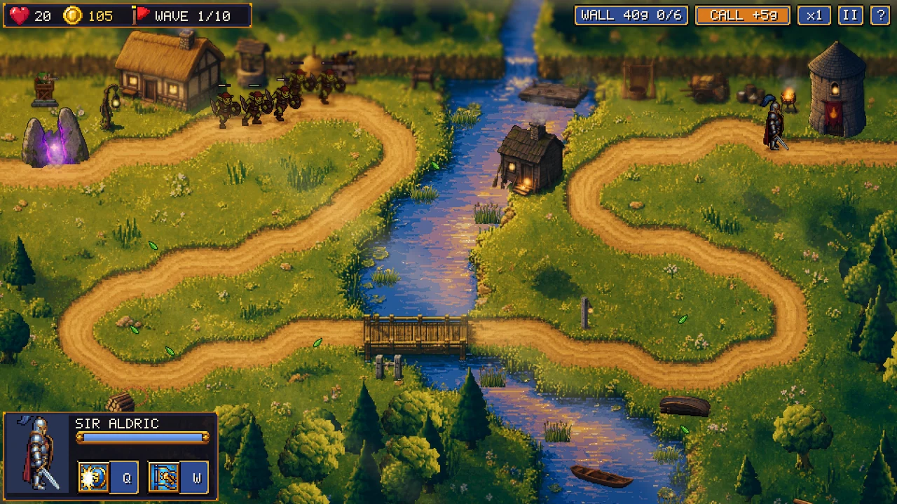 Emberfall Defenders, Fernlit Crossing: a winding dirt road crosses a river on a timber bridge while goblins march from a purple portal toward the keep.