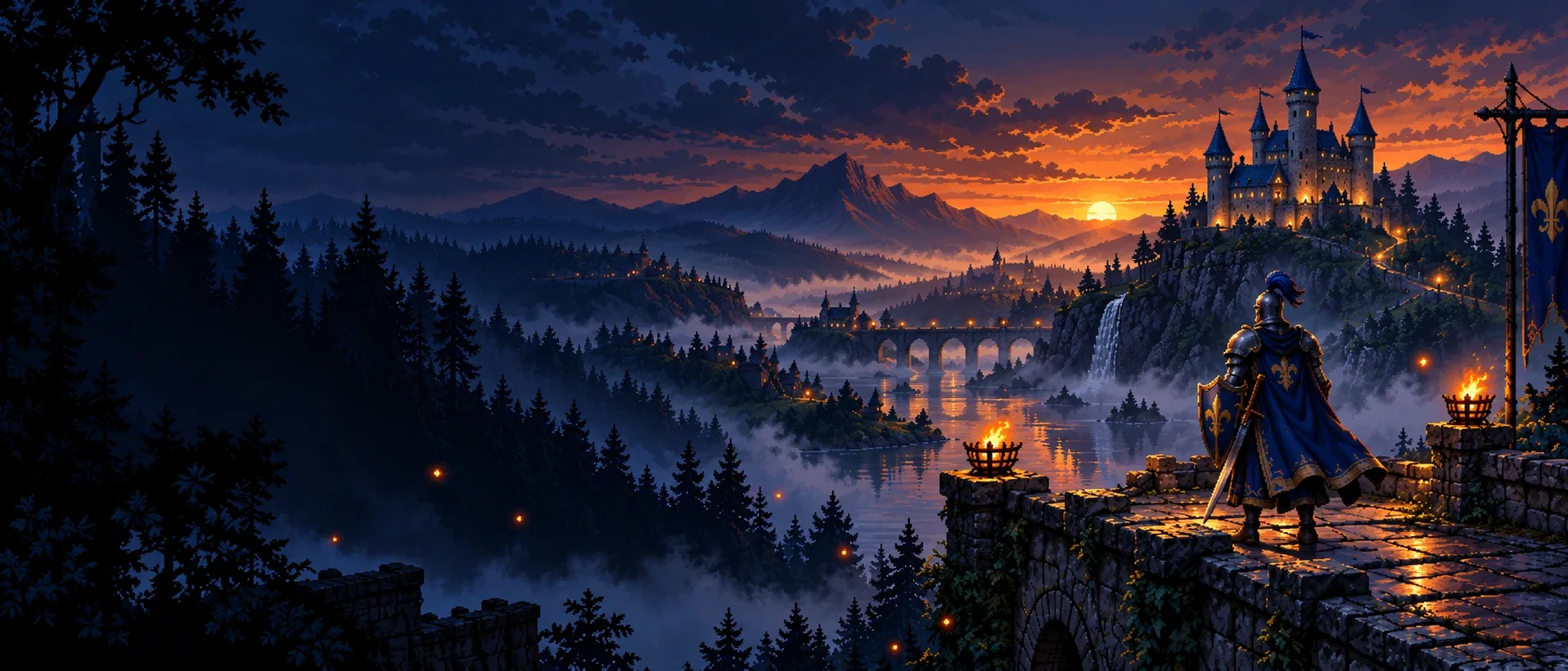 Pixel art: a knight in blue and gold armour stands on a torch-lit stone bridge at dusk, looking across a misty river valley to a castle with glowing windows under an orange sunset.