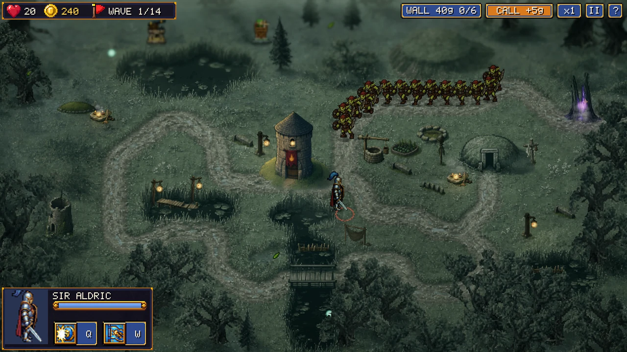 Emberfall Defenders, Hollow Fen: a misty bog with a stone keep, lanterns and goblins coming down the road from a portal.