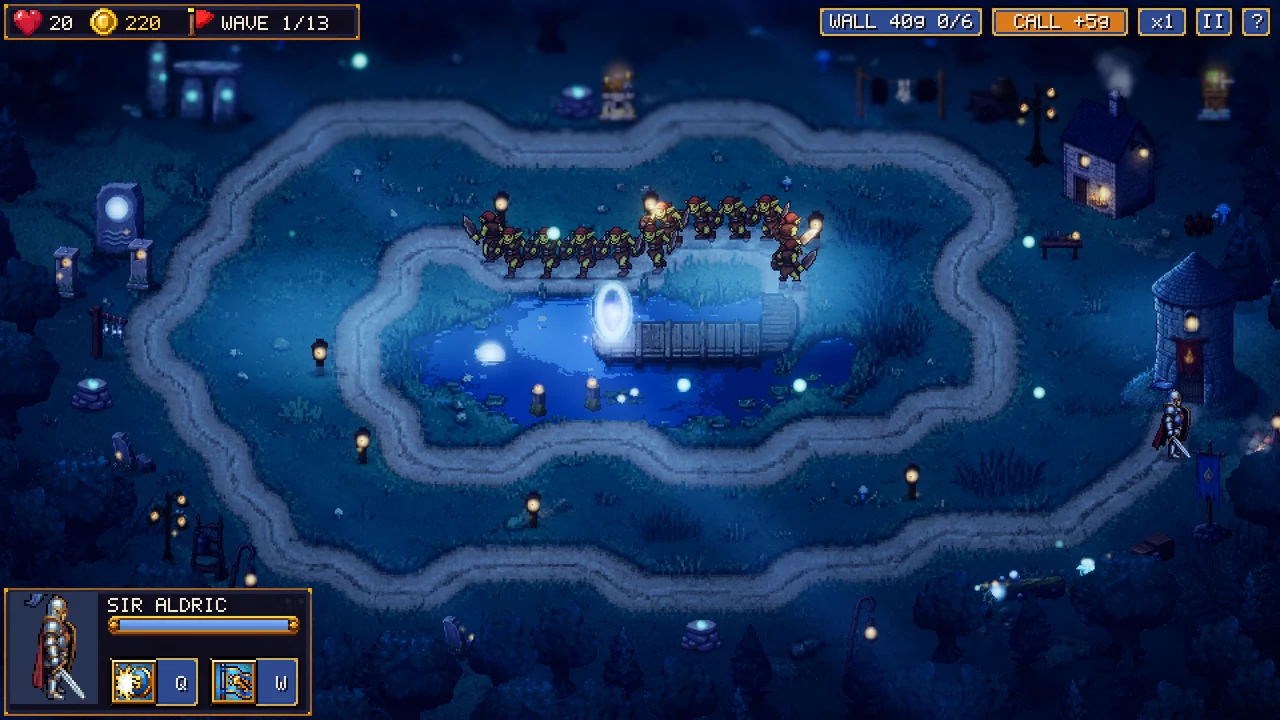 Emberfall Defenders, Moonwell Spiral: at night a road spirals around a glowing moonlit pool where the portal lives.