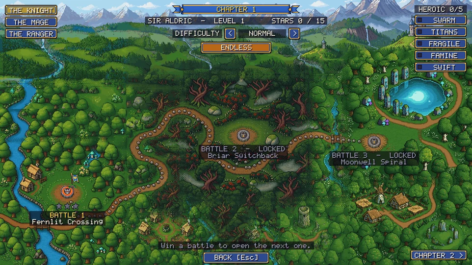 The Emberfall Defenders campaign map: forests, a winding road from Fernlit Crossing through the briar wood to the Moonwell, mountains beyond.